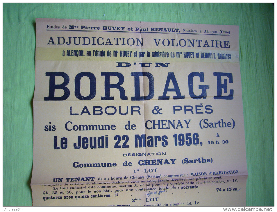 Affiche Vente Aux Enchères 1956 à Chenay Sarthe, Bordage Labour Et Prés, Maison - Posters