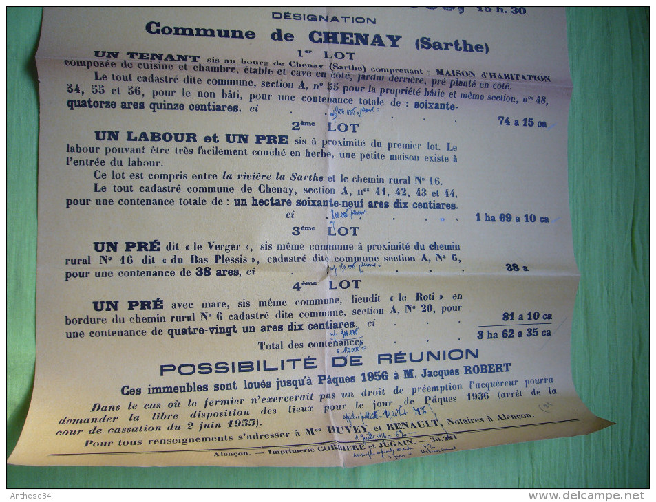 Affiche Vente Aux Enchères 1956 à Chenay Sarthe, Bordage Labour Et Prés, Maison - Posters