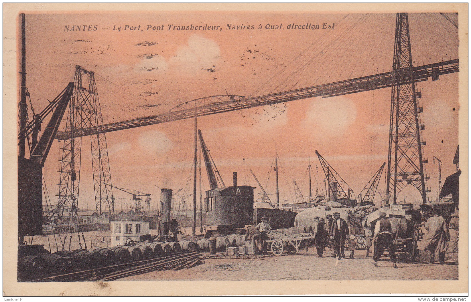 NANTES Le Port Pont Transbordeur Navires à Quais Direction Est Circulée Timbrée 1930 Peu Courante - Nantes