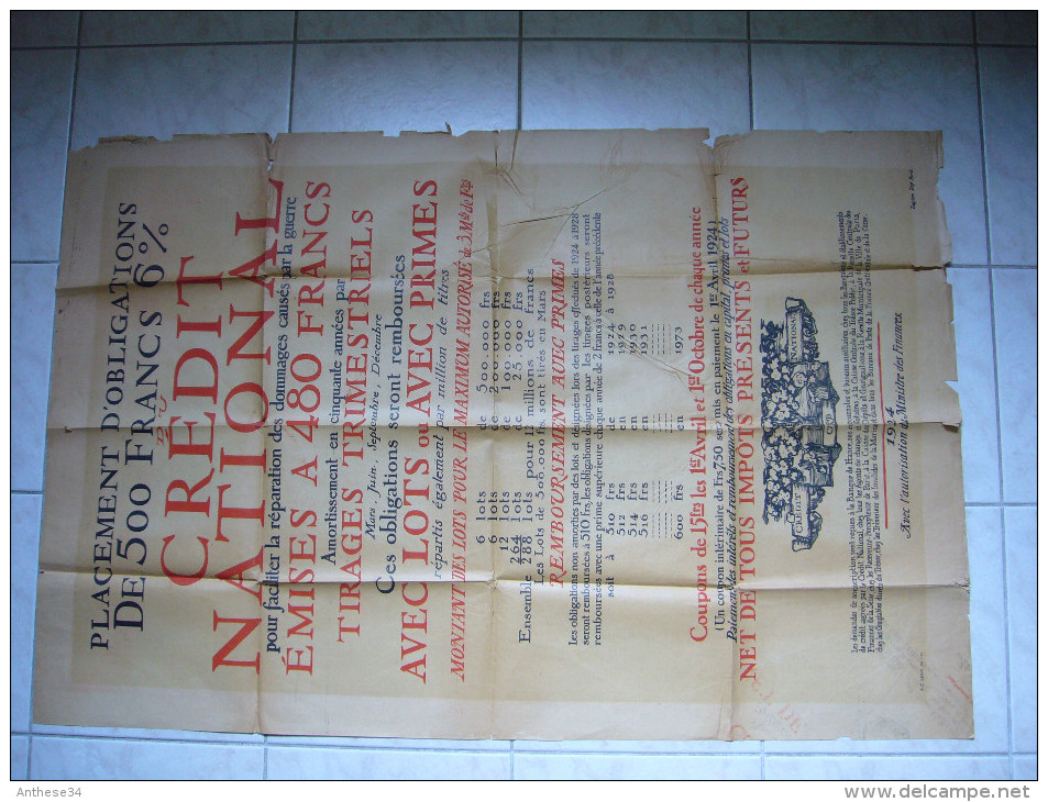 Grande Affiche Obligations De 500 Francs Du Crédit National 1924 Avec Autorisation Du Ministère Des Finances - Affiches