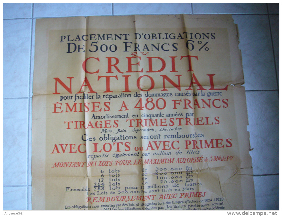 Grande Affiche Obligations De 500 Francs Du Crédit National 1924 Avec Autorisation Du Ministère Des Finances - Affiches