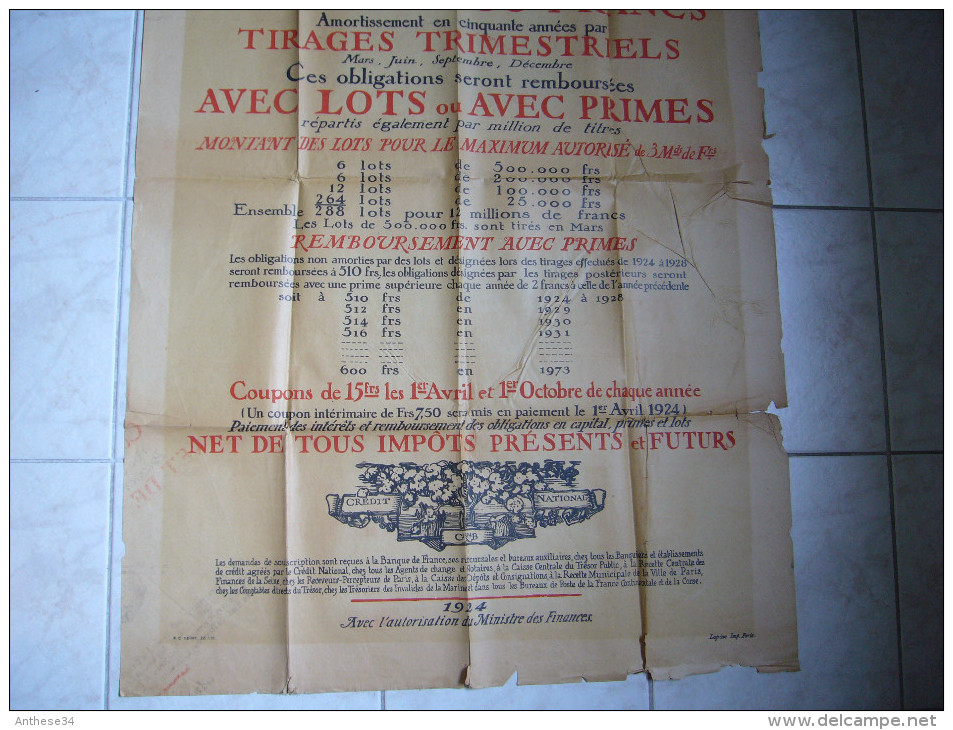 Grande Affiche Obligations De 500 Francs Du Crédit National 1924 Avec Autorisation Du Ministère Des Finances - Affiches