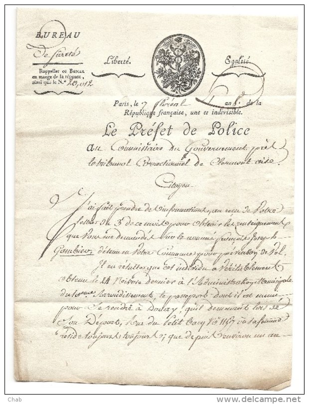 LETTRE Du7 Floréal AN 8 De La République,PPAYE PARIS Rouge- Le Préfet De Police, Bureau De Sureté -DOCUMENT HISTORIQUE - 1701-1800: Vorläufer XVIII