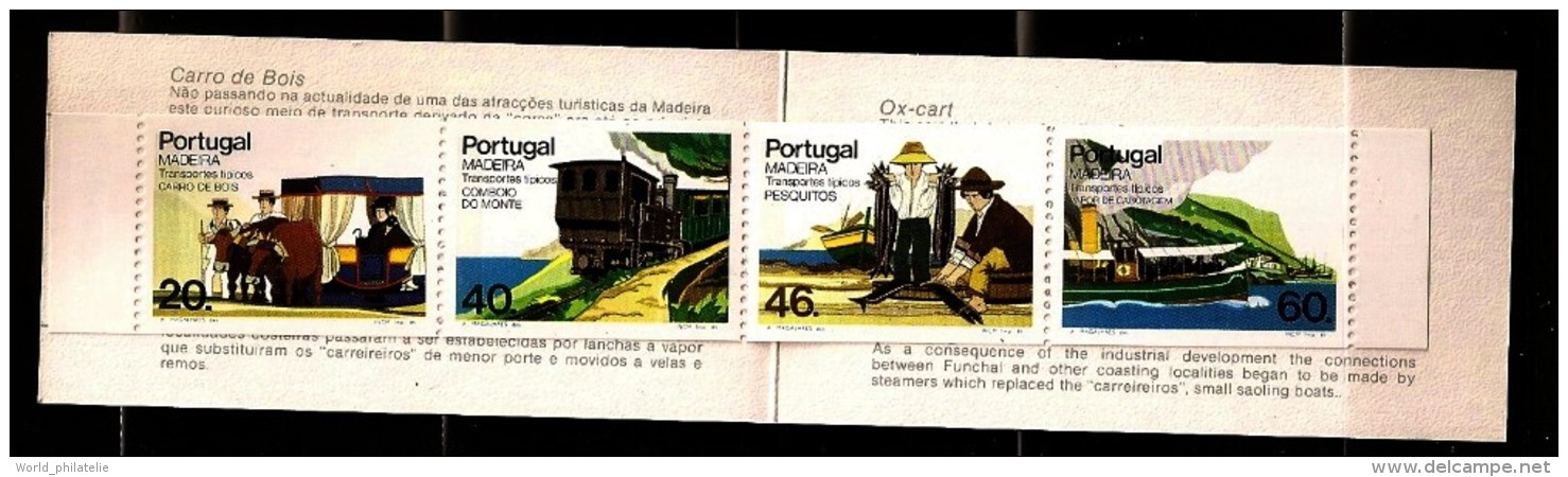 Portugal Madère 1985 N° Carnet 105 ** Transport, Char à Boeufs, Train Du Mont, Porteur, Bateau, Pêche, Locomotive, Vin - Madeira