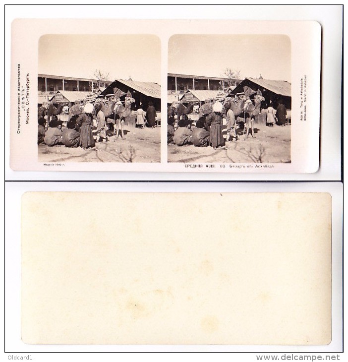 Middle Central Asia TURKMENISTAN Aschabad Bazar Types Camels Edition 1910 STEREOPHOTO - Turkmenistan