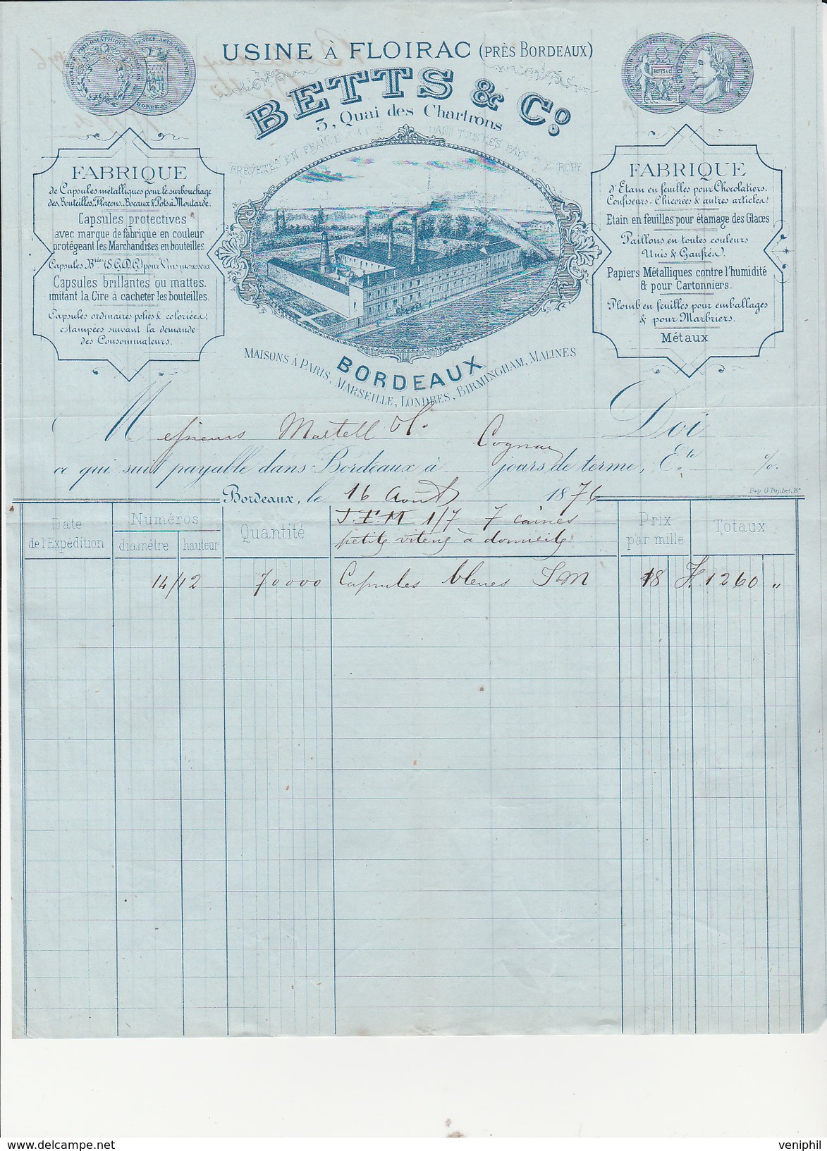 FACTURE ILLUSTREE "BETTS &Co -USINE A FLOIRAC PRES DE BORDEAUX -ANNEE 1876 - 1800 – 1899