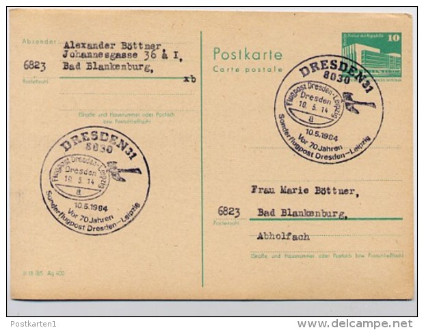 70 J. SONDERFLUGPOST Dresden 1984 Auf DDR P 84 Postkarte - Poste Aérienne
