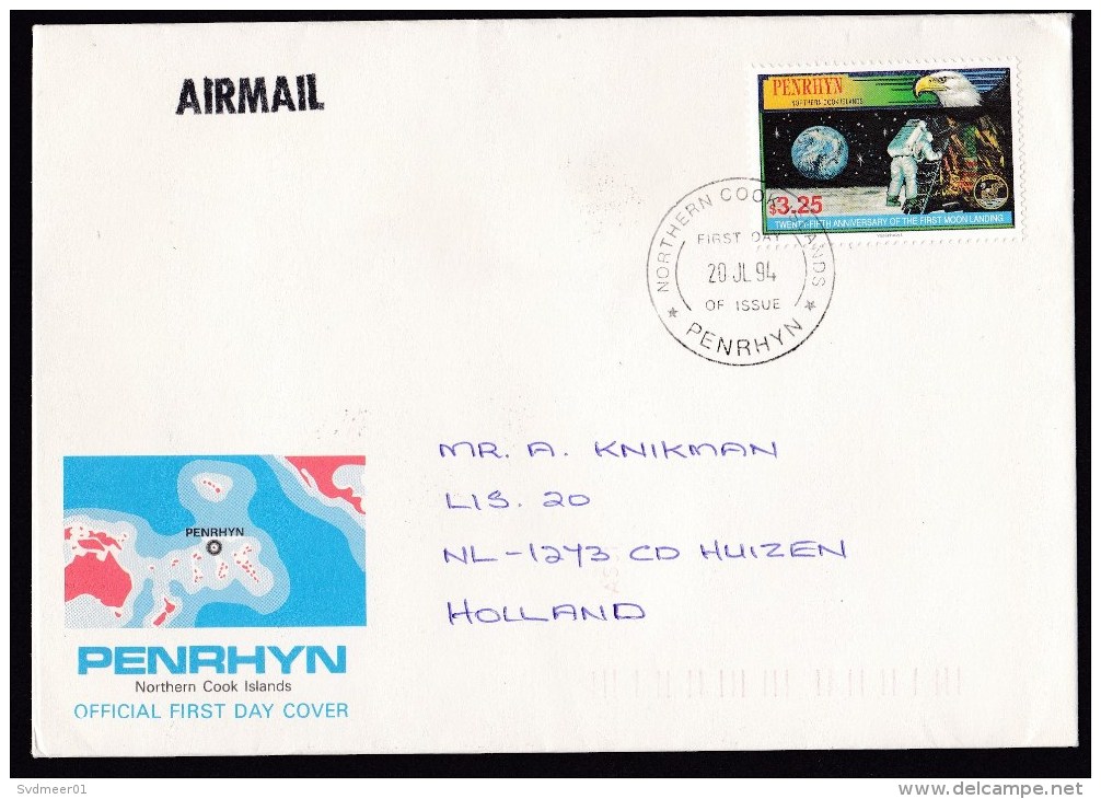 Penrhyn: FDC First Day Cover To Netherlands, 1994, 1 Stamp, Moon Landing, Astronaut, Space (traces Of Use) - Penrhyn