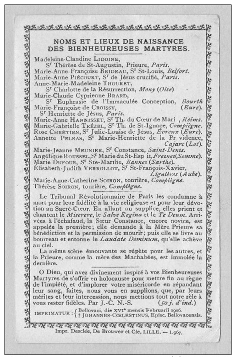 IMAGE Les 16 CARMELITES De COMPIEGNE Mise à Mort Le 17/07/1794 à PARIS Au Verso NOMS Et LIEUX De NAISSANCE Des MARTYRES - Images Religieuses