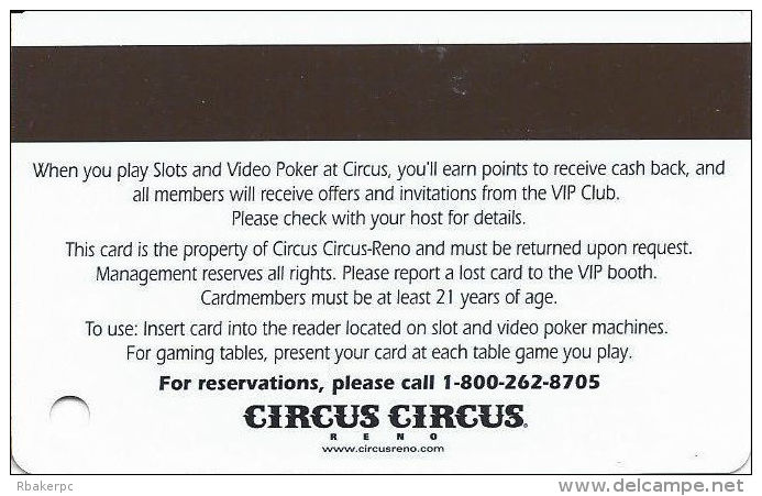 Circus Circus Casino Reno, NV - Slot Card - No Web Address On Front  (BLANK) - Casino Cards