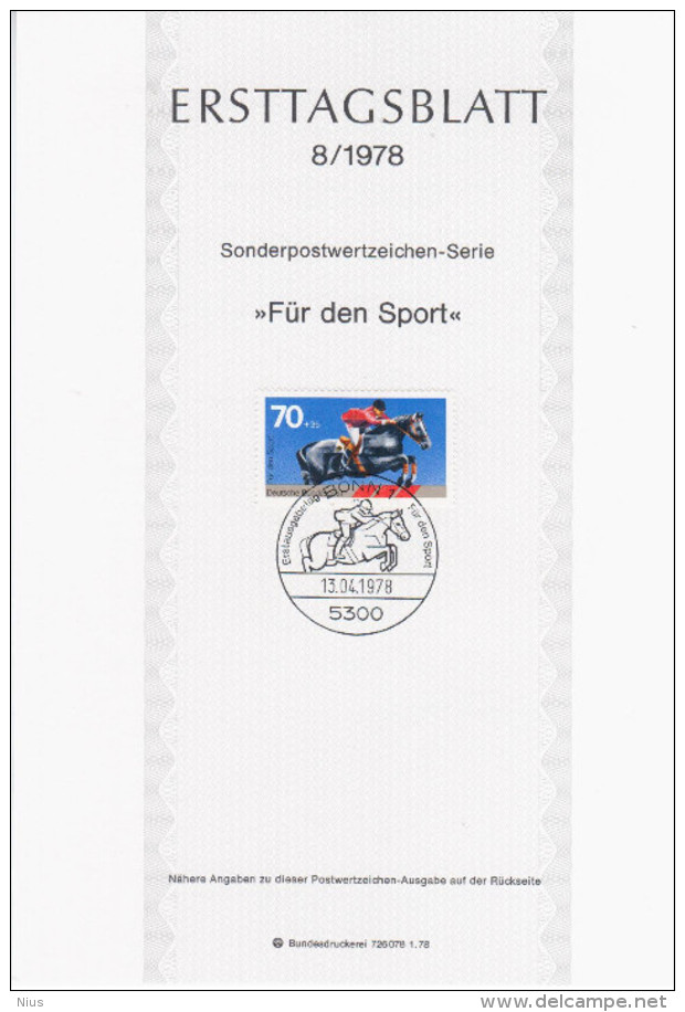 Germany Deutschland 1978-08 Fur Den Sport, Riding Horse Horses, First Day Sheet, Canceled In Bonn - 1974-1980