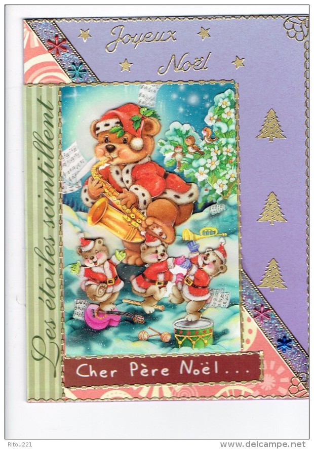 Double Carte Fantaisie -  Joyeux NOEL - Ours En Peluche Habillés En PERE NOEL Musique Guitare Trompette Tambour Oiseau - Dressed Animals