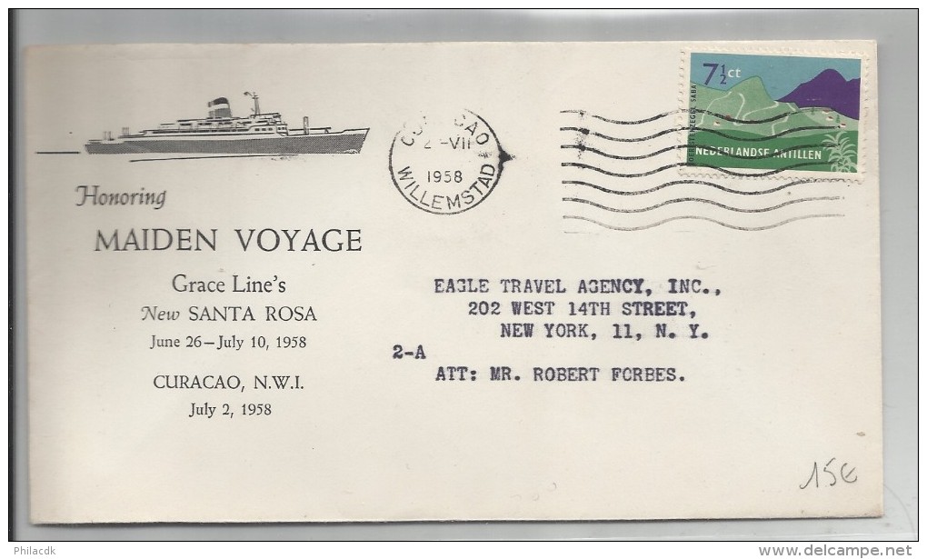 ANTILLES NEERLANDAISES - TIMBRE SUR ENVELOPPE AVEC CAD WILLEMSTAD DU 2/07/1958 GRACE LINE S NEW SANTA ROSA - West Indies