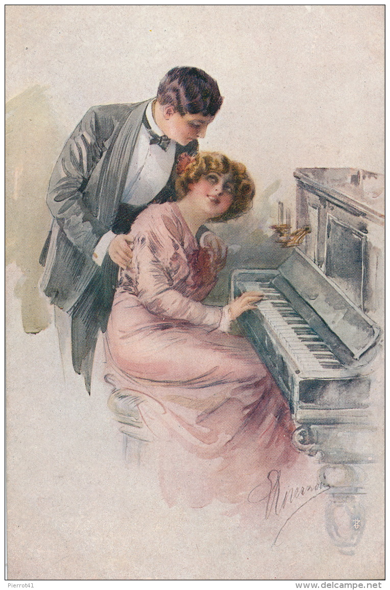FEMMES - FRAU - LADY - Jolie Carte Fantaisie Portrait Couple Amoureux Au Piano Signée GUERINONI - Guerinoni