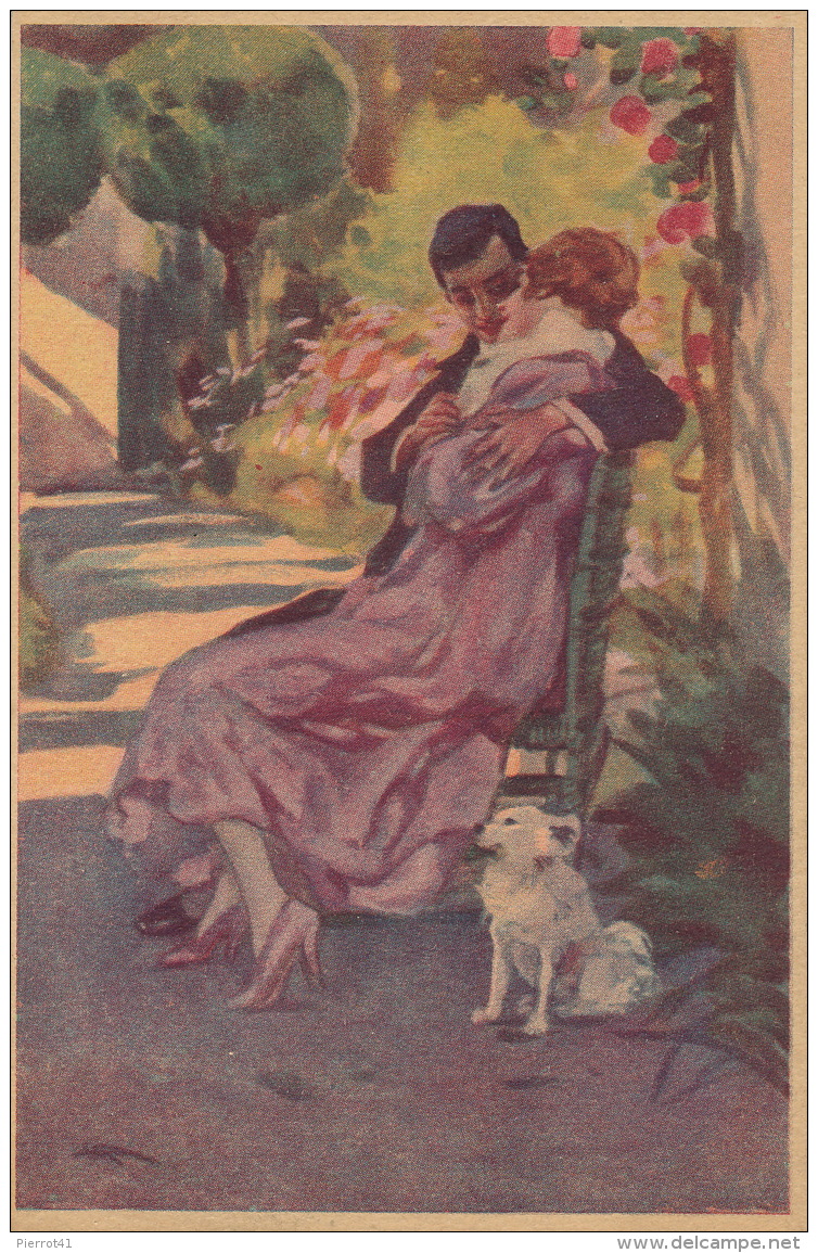 FEMMES - FRAU - LADY - DOG -  Jolie Carte Fantaisie Italienne Portrait Couple Amoureux Et Chien  (signée) - Autres & Non Classés