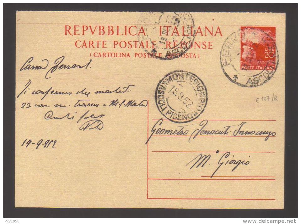 6270-Cartolina Postale Postal Stationery Filagrano C137 Usata – Risposta - Stamped Stationery