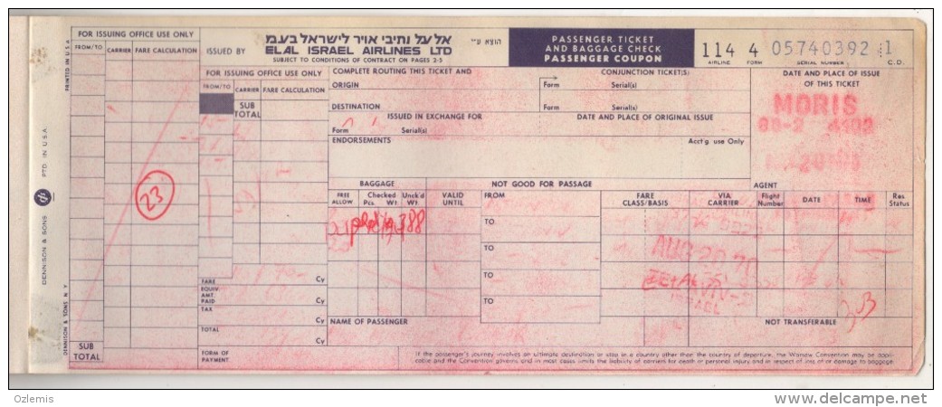 ISRAEL EL AL AIRLINES PASSENGER TICKET 1970 - Europa