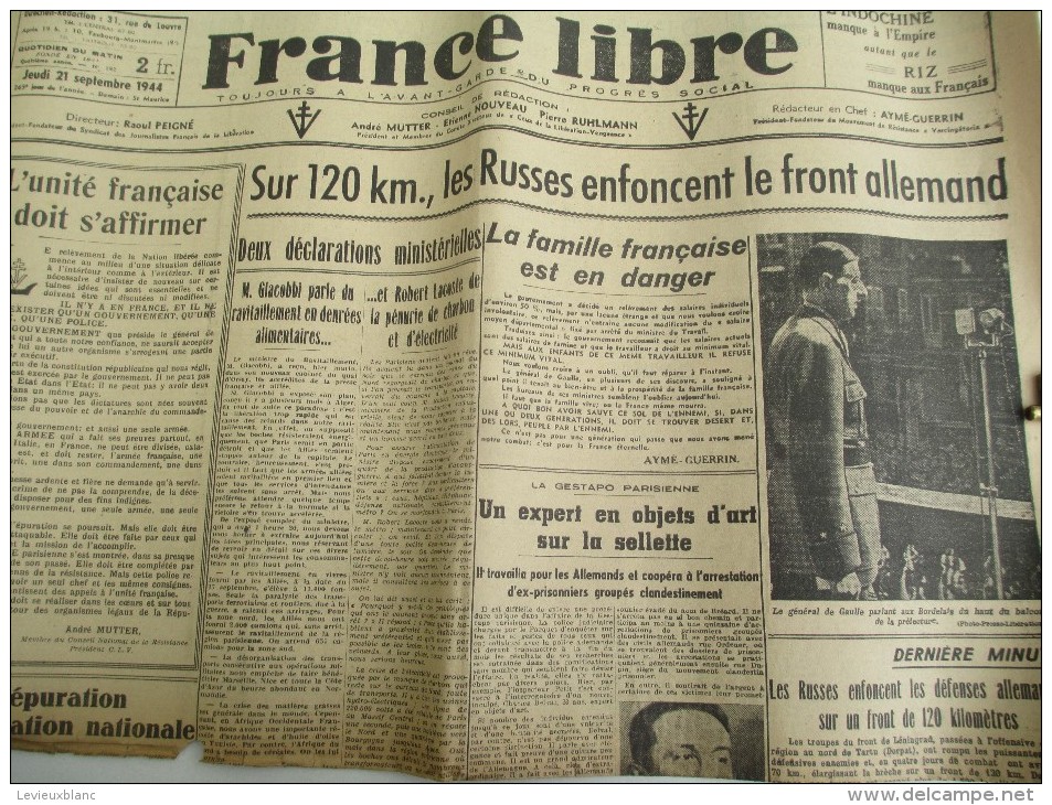 Journal/"France Libre"/à L´avant Garde Du Progrés Social/"Les Russes Enfoncent Le Front Allemand"/21 Sept 1944   VJ80 - 1939-45