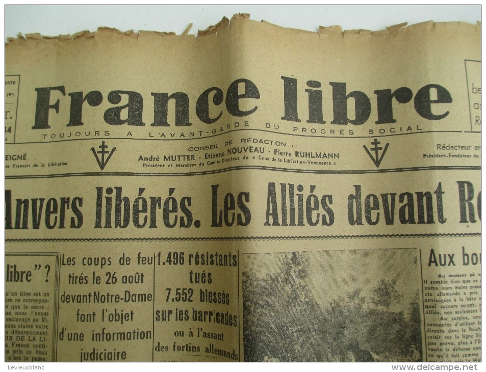 Journal/"France Libre"/à L´avant Garde Du Progrés Social/"Lille Et Anvers Libérés "/6 Sept 1944   VJ81 - 1939-45