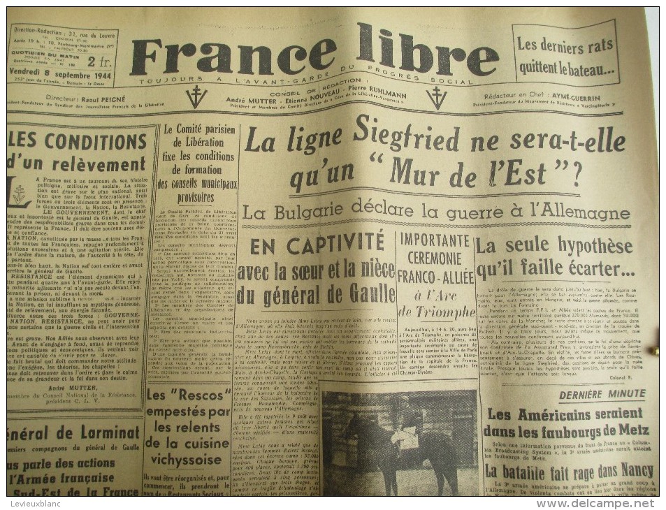 Journal/"France Libre"/à L´avant Garde Du Progrés Social/"Les Conditions D'un Relévement "/8 Sept 1944   VJ83 - 1939-45