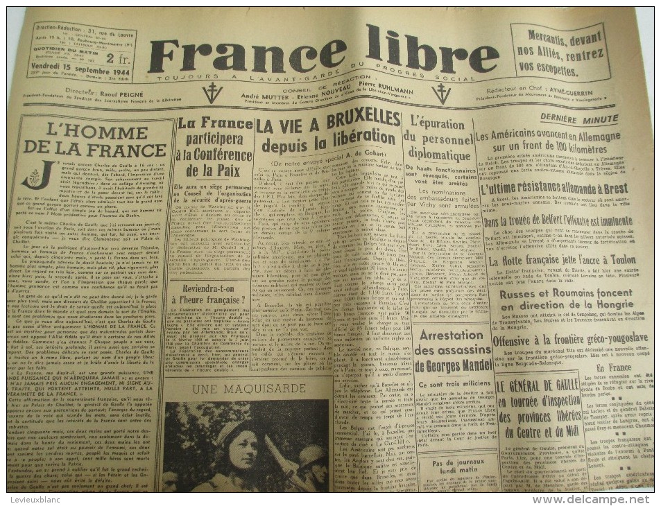 Journal/"France Libre"/à L´avant Garde Du Progrés Social/"L'Homme De La France "/15 Sept 1944   VJ86 - 1939-45