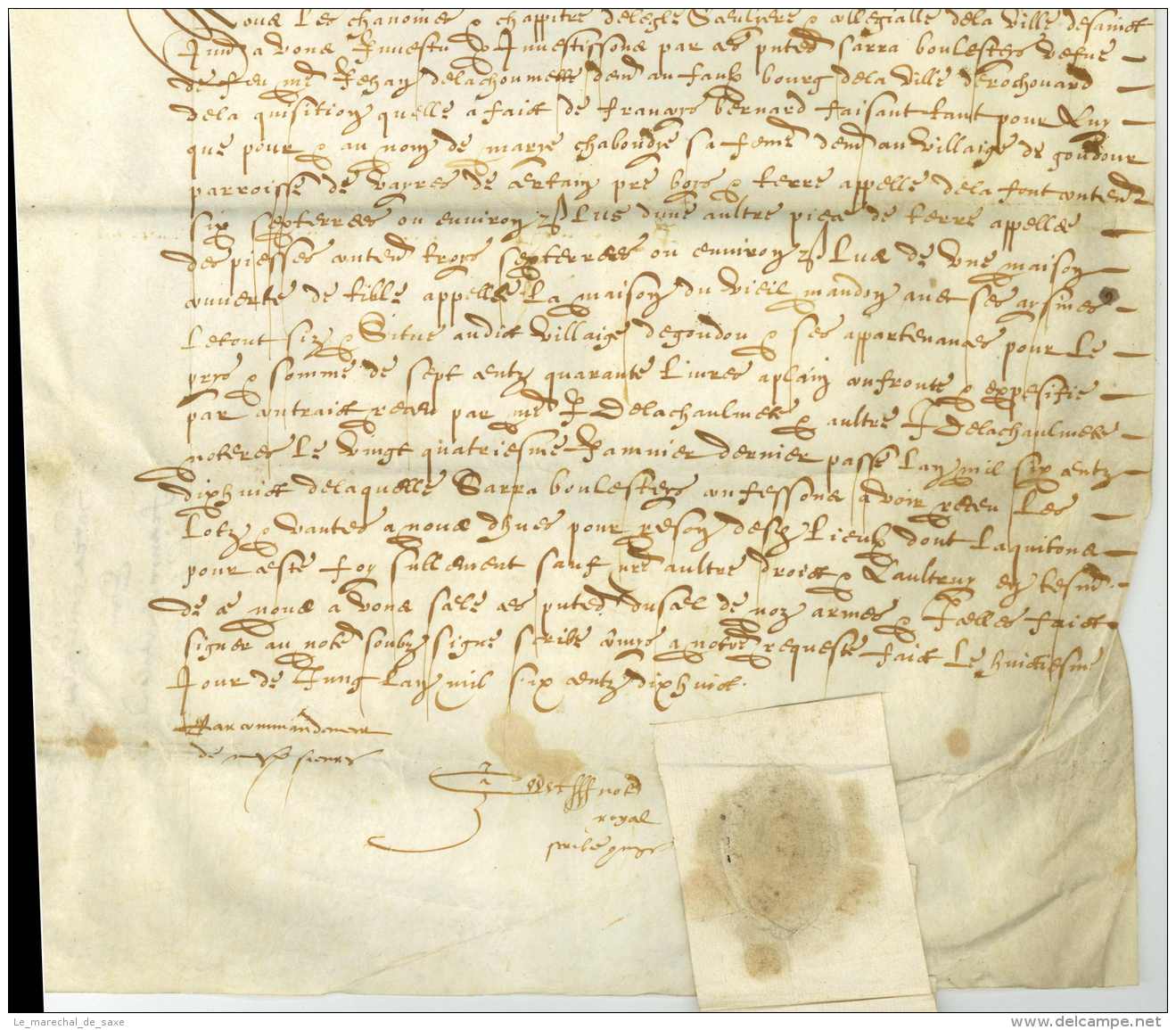 CONTRAT DE VENTE, Grand Parchemin, ROCHECHOUART Et SAINT-JUNIEN, Haute-Vienne, 1618, 3 Pp., Ca. 38 X 28 Cm. Signé DE LA - Manuscritos