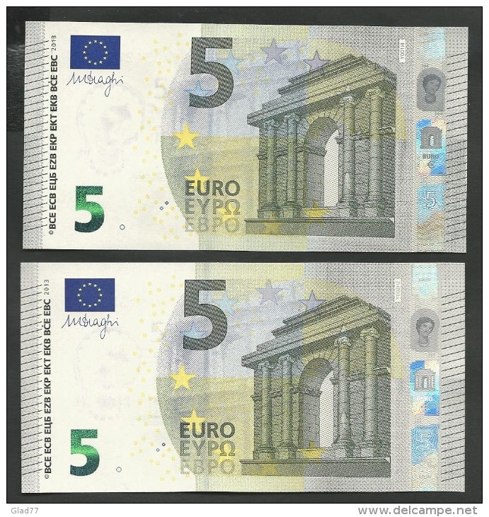 Lot 2 Pieces   5  EURO GEM UNC! Draghi Signature!!  "Y"   Printer  Y001 & Y002 !! - 5 Euro
