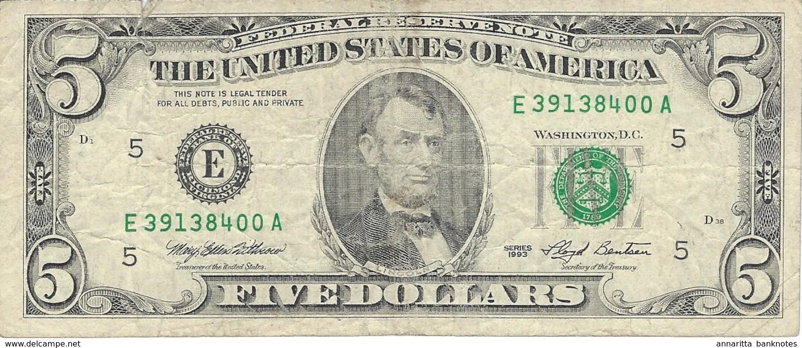 UNITED STATES 5 DOLLARS 1993 P-491E CIRC. WITH TEAR UNDER FACE VALUE [US491E] - Federal Reserve (1928-...)