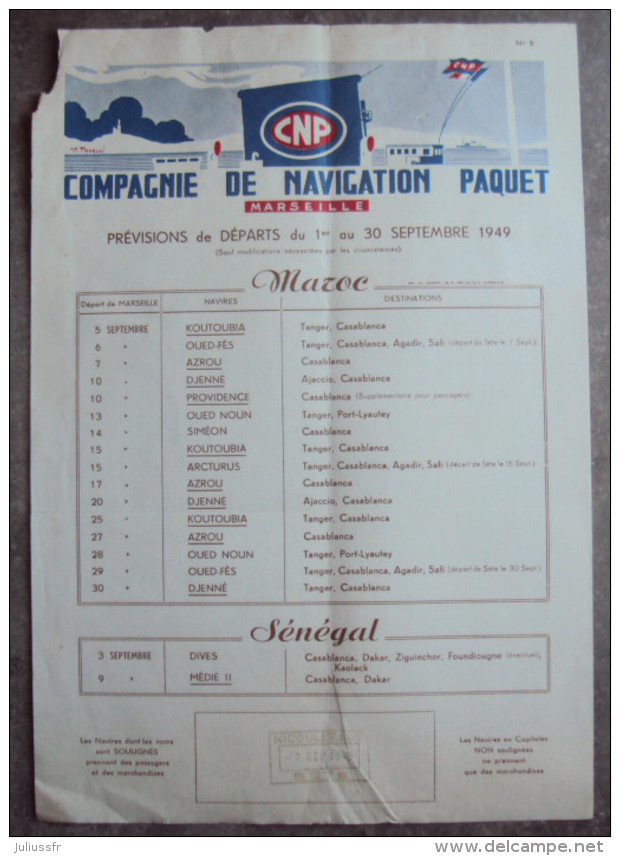 Ancien Prospectus Compagnie De Navigation Paquet1949 - Sonstige & Ohne Zuordnung