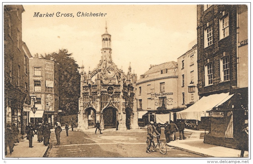 Market Cross, Chichester (pedestrians, Cyclist, Policeman) - W H Barrett - Unused 1920's - Chichester