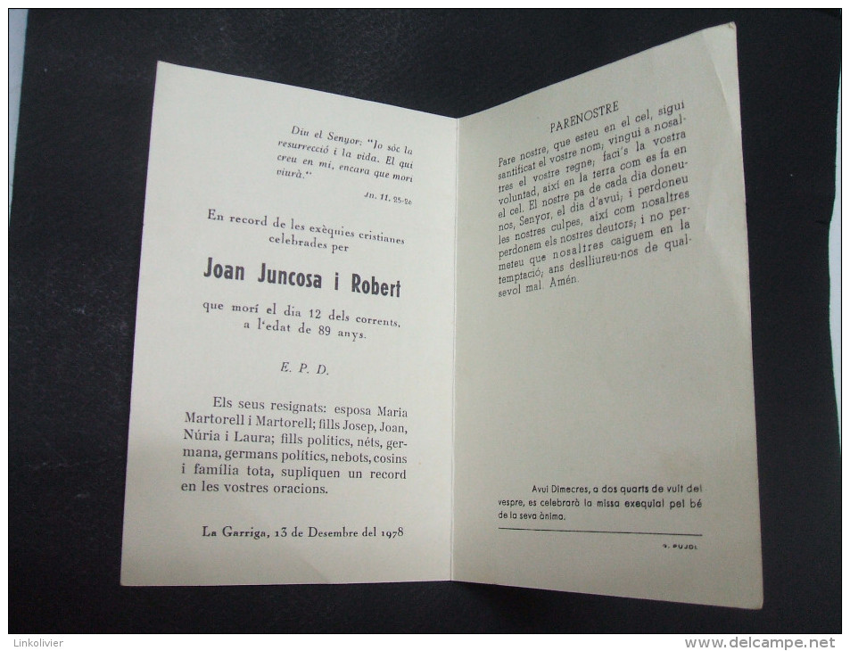 Faire-part De CONDOLÉANCES Joan Juncosa I Robert - LA GARRIGA (Espagne) 06 Mars 1986 - Décès