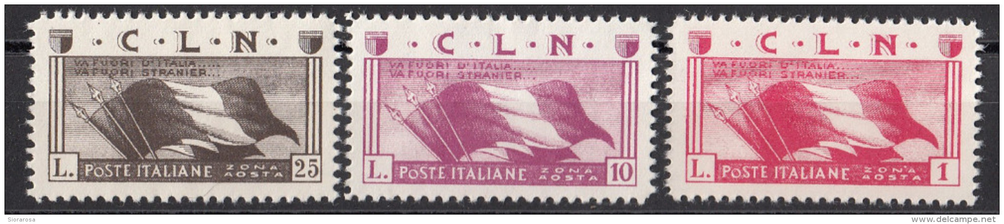 Italia 1945 C.L.N Emissione Locale Aosta Versi Inno Di Garibaldi 3 Valori Nuovi - Centraal Comité Van Het Nationaal Verzet (CLN)