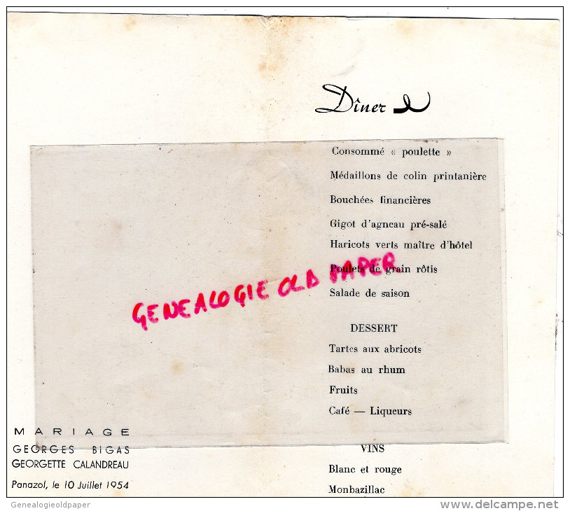 87 - PANAZOL - MENU MARIAGE GEORGES BIGAS ETGEORGETTE CALANDREAU -10 JUILLET 1954 - Menus