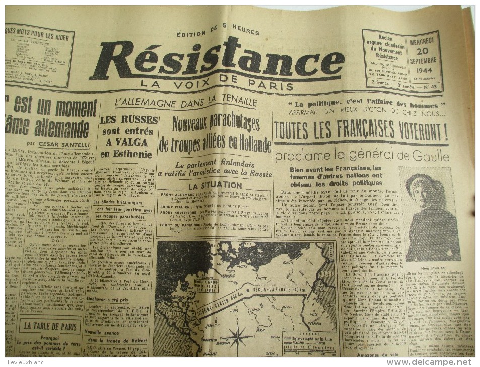 Journal/"Résistance"/La Voix De Paris / Toutes Les Françaises Voteront/20 Sept1944   VJ90 - Autres & Non Classés