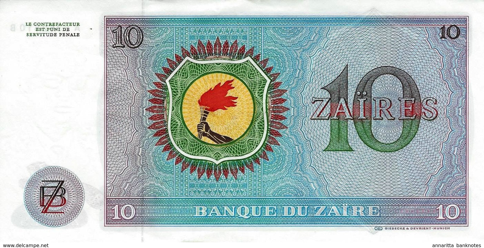 Zaire (BDZ) 10 Zaires 1974 UNC S/N A8362610B Cat No. P-23a / ZR105b - Zaïre