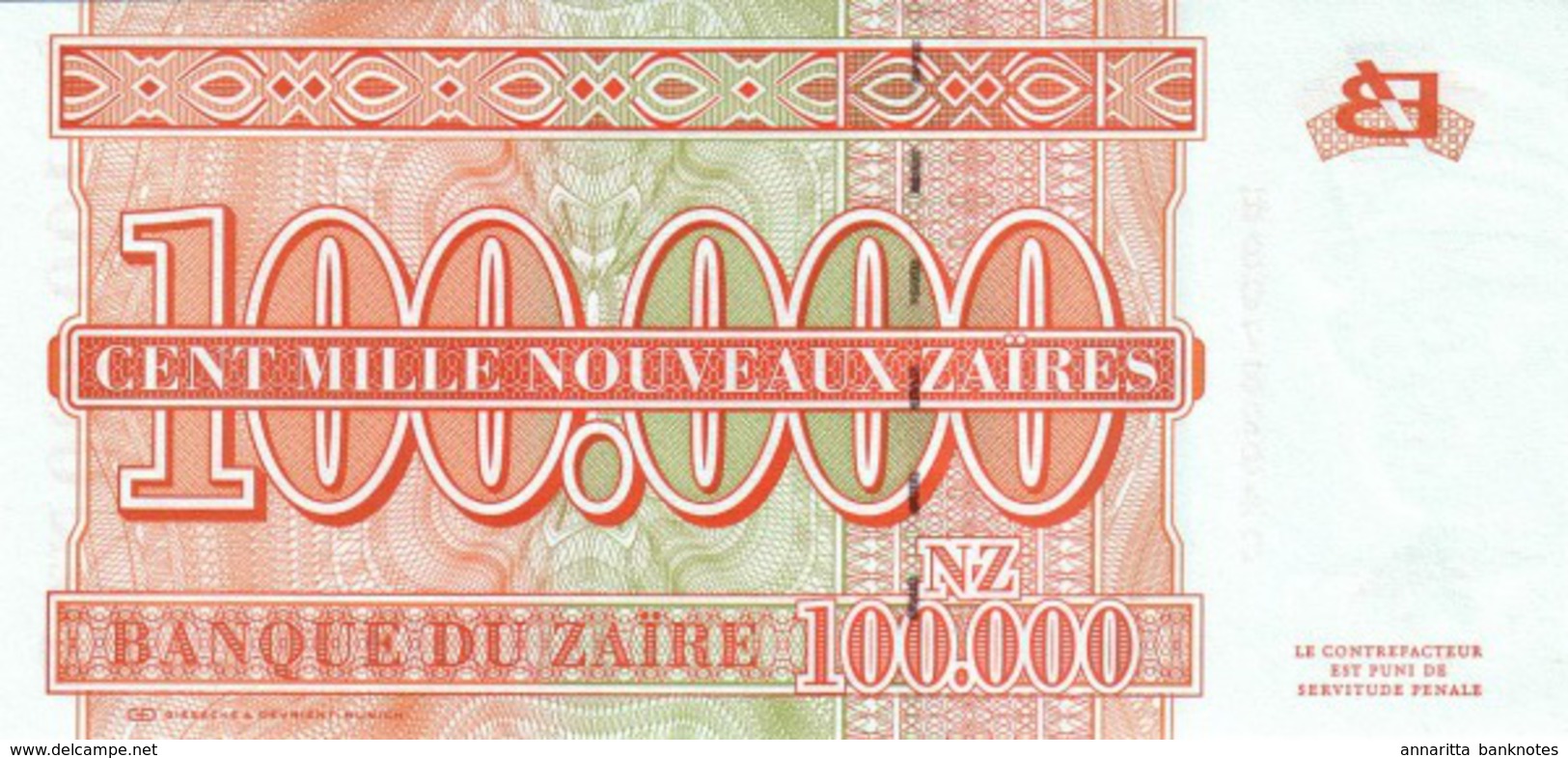 Zaire (BDZ) 100000 Nouveaux Zaires 1996 UNC Cat No. P-76a / ZR150a - Zaire