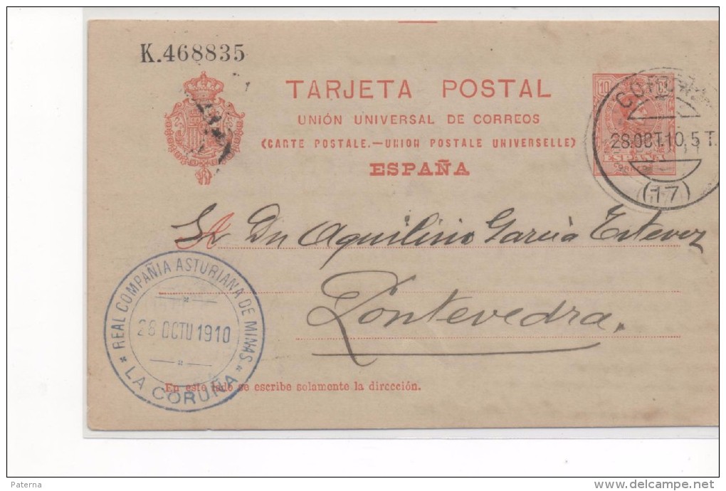 3044  Entero Postal  La Coruña 1910 ,nº 53 , Alfonso Xlll , Medallon, Minas Asturiana, Y Linial - 1850-1931