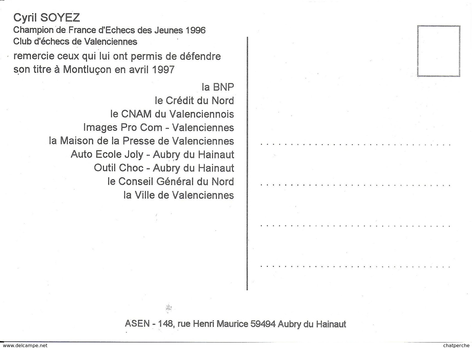 ECHEC ECHECS CHESS CYRIL SOYEZ CHAMPION FRANCE JEUNES 1996 DEFENSE TITRE - Schach