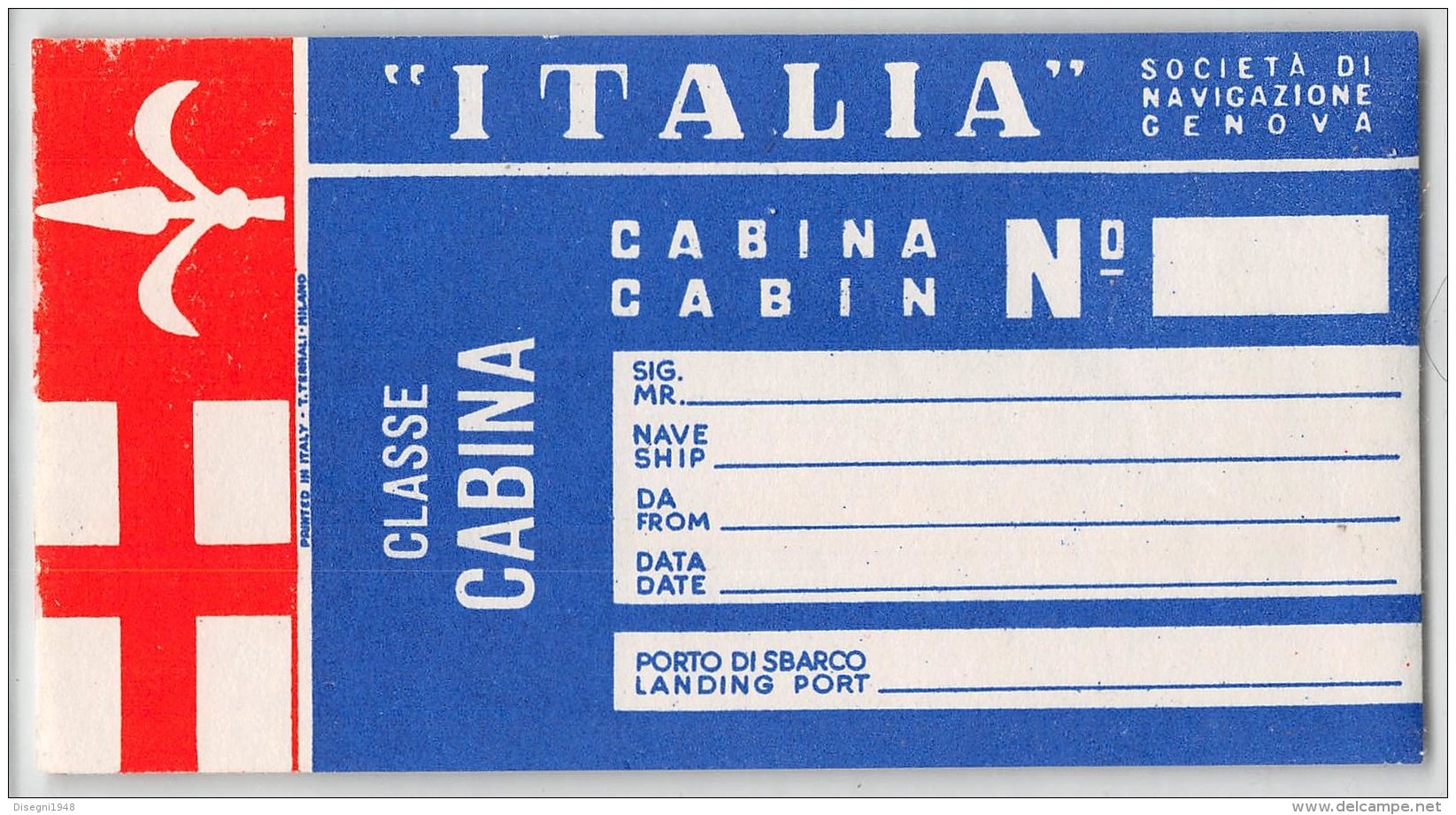 05868 "ITALIA - SOCIETA´ DI NAVIGAZIONE GENOVA -  ETICHETTA BAGAGLIO - CLASSE CABINA" ETICHETTA ORIGINALE - Altri & Non Classificati