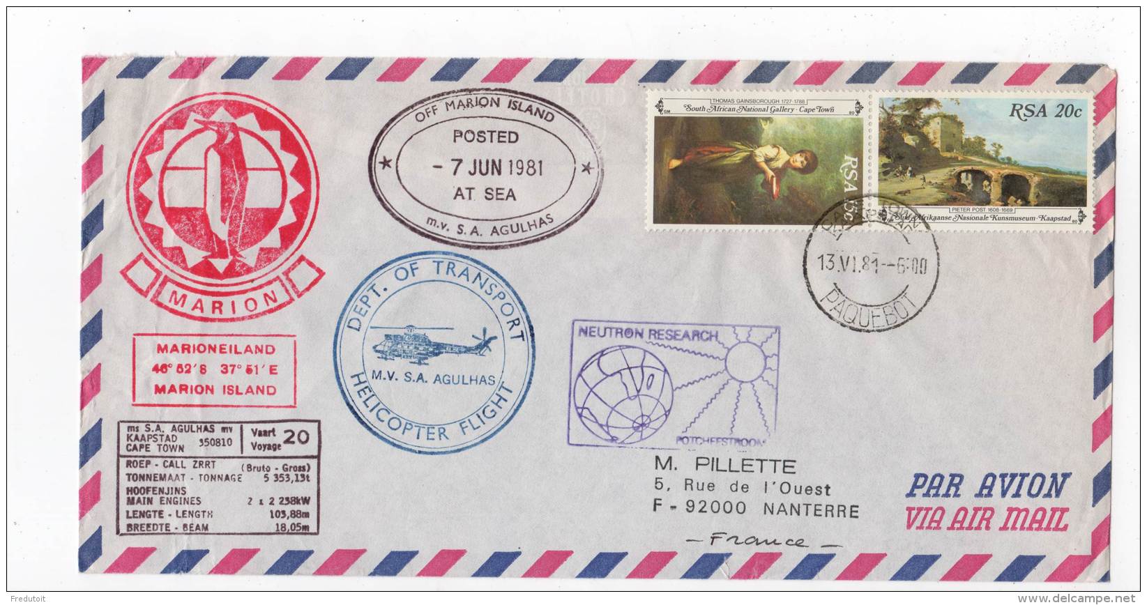 LETTRE - R.S.A  -   ANTARCTIC -  MARION ISLAND   07/06/1981 - Cartas & Documentos