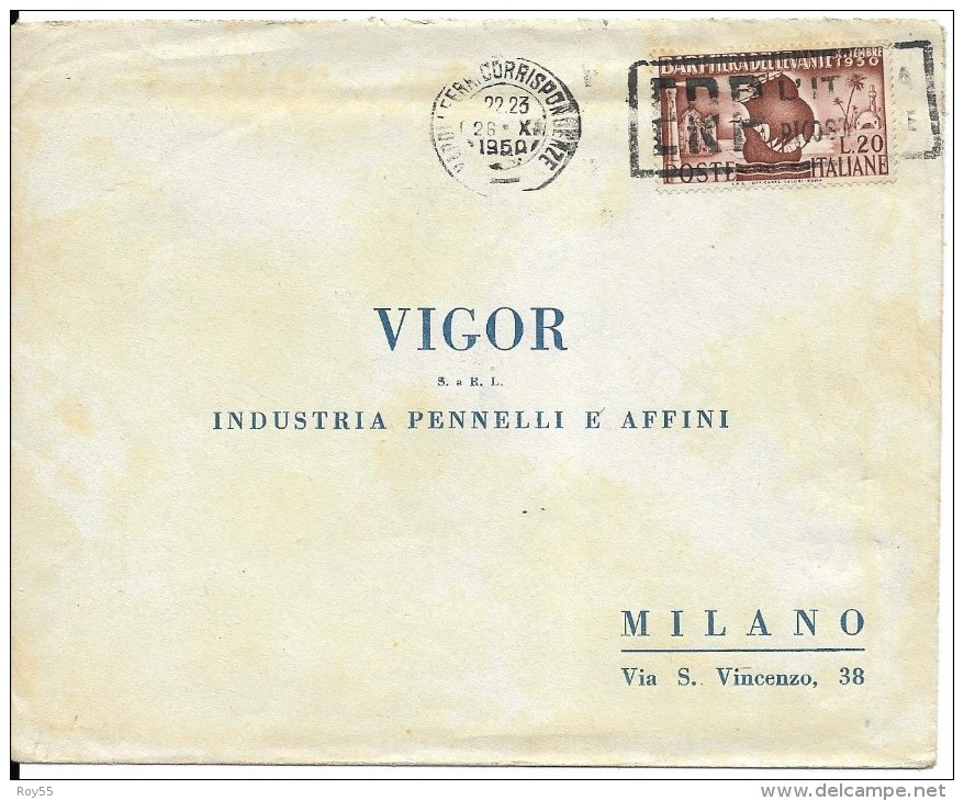 Busta Pubblicitaria Viaggiata 1950 Per Milano Con Francobollo Isolato Bari Fiera Del Levante 1950 - 1946-60: Marcophilie