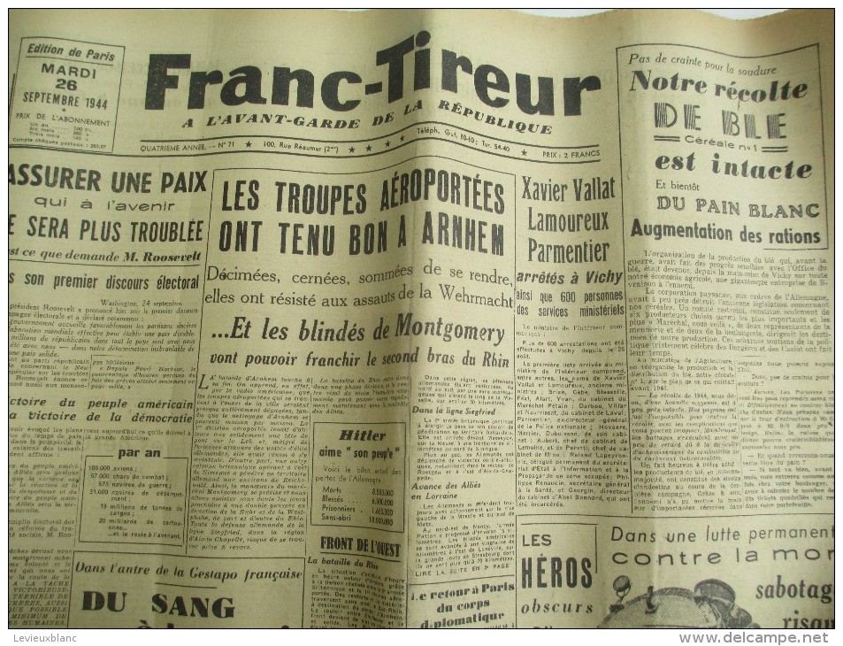 Journal/"Franc-Tireur"/à L'avant Garde De La République/Les Troupe Aéroportées Ont Tenu Bon/26Sept 1944   VJ99 - 1939-45