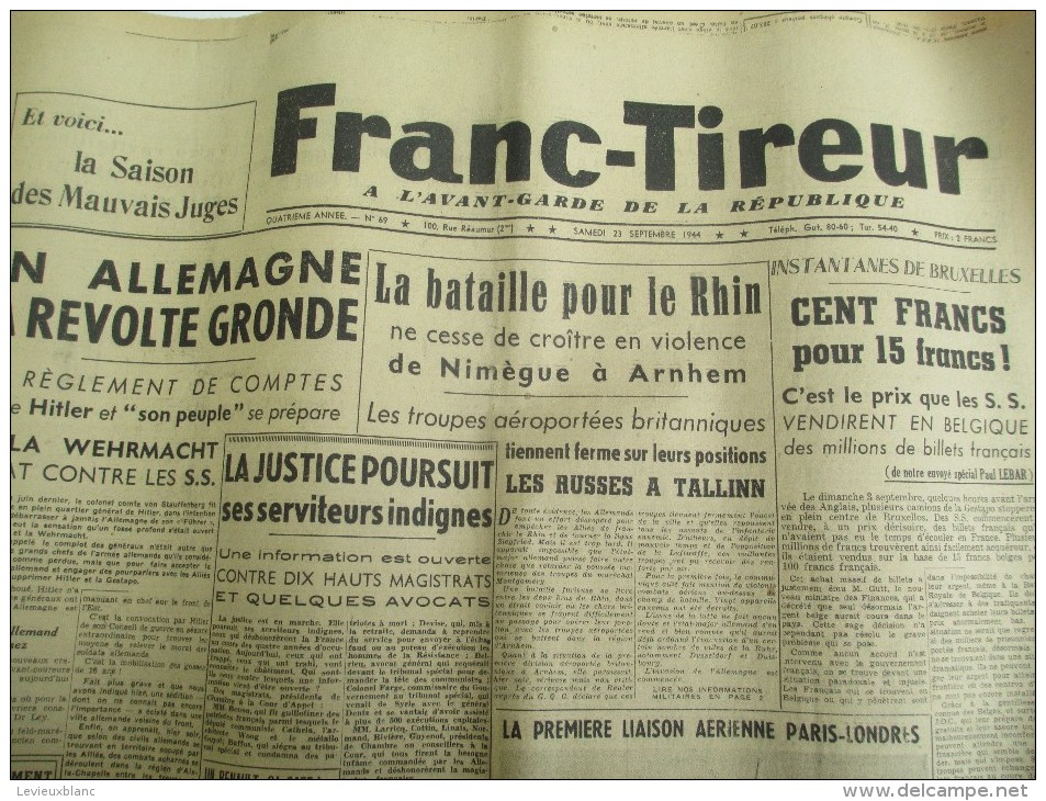 Journal/"Franc-Tireur"/à L´avant Garde De La République/En Allemagne La Révolte Gronde/23Sept 1944   VJ100 - 1939-45