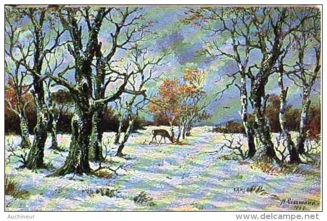 Hugo Lissmann - Paysage Neige Et Biche - Peintures & Tableaux