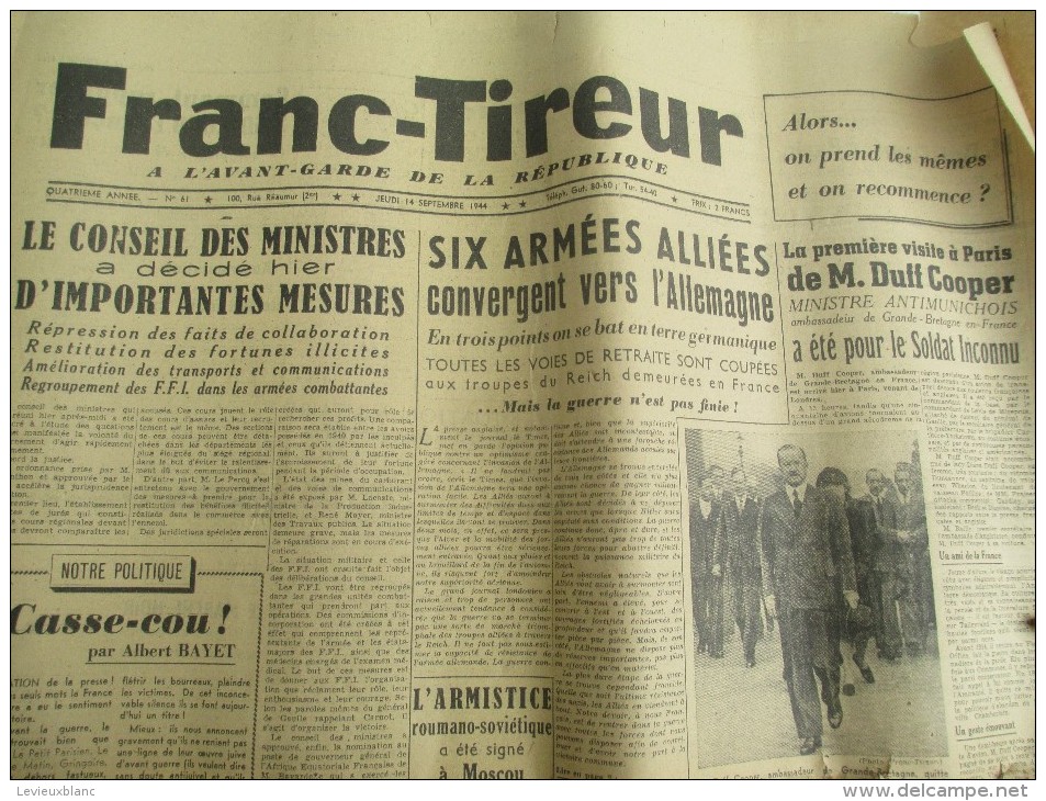Journal/"Franc-Tireur"/à L´avant Garde De La République/Six Armées Alliées Convergent Vers L'Allemagne/14 Sept 1944VJ101 - 1939-45