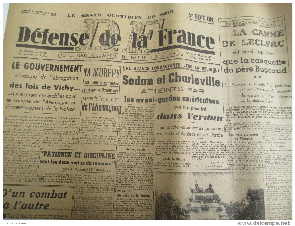 Journal/"Défense De La France"/Le Grand Quotidien Du S/ Le Gouvernement S'occupede L'abrogation/2 Sept 1944  VJ109 - 1939-45