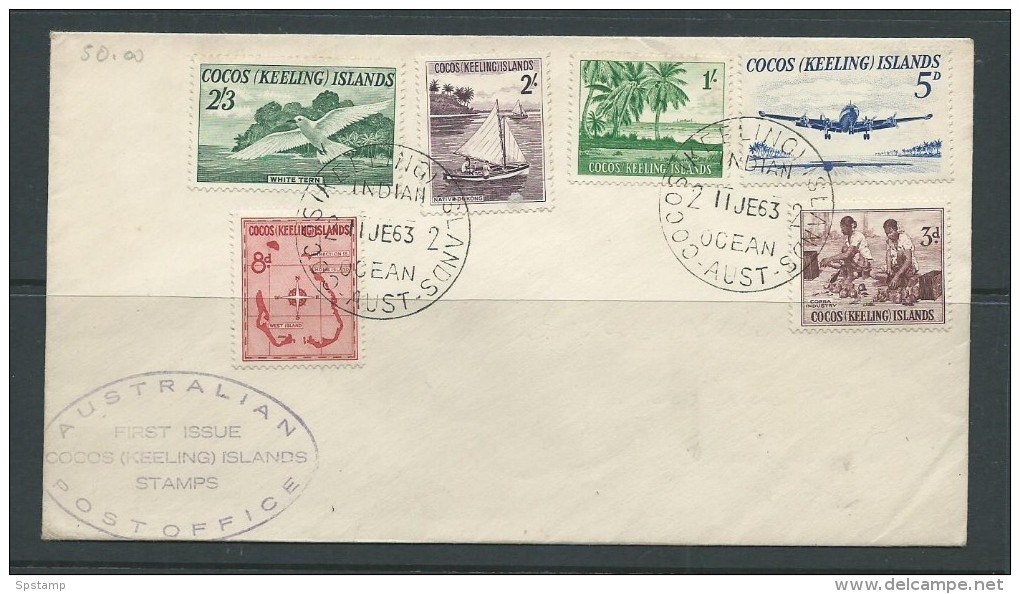 Cocos Keeling Island 1963 Definitive Set Of 6 On FDC Appears Unadressed But Erased Address - Cocos (Keeling) Islands