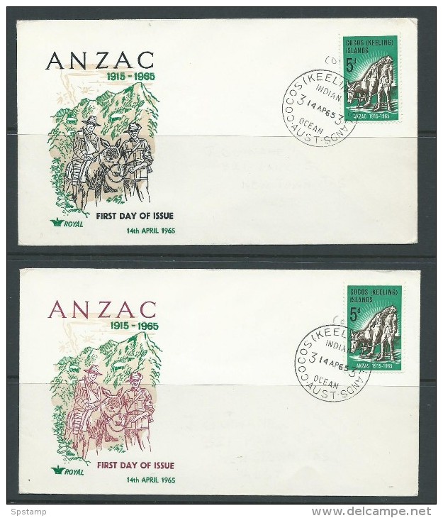 Cocos Keeling Island 1965 5d Anzac On 2 Different Coloured Royal FDC , Appear Unaddressed But Erased Pencil Addresses - Cocos (Keeling) Islands