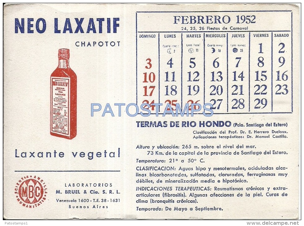 52778 ARGENTINA SANTIAGO DEL ESTERO TERMAS DE RIO HONDO & PUBLICITY NEO LAXATIF CALENDARIO FEBRERO 1952 NO POSTCARD - Plakate