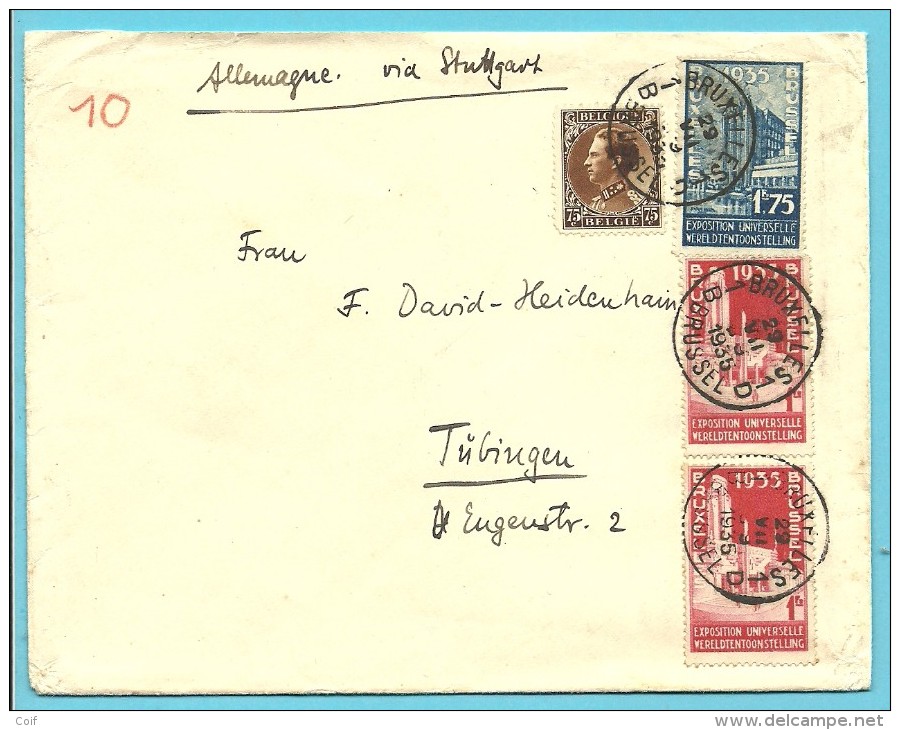 387+389+402 Op Brief Met Stempel BRUXELLES, Geschreven "Allemagne Via Stuttgart" (vermoedelijk Luchtpost) - 1934-1935 Leopold III